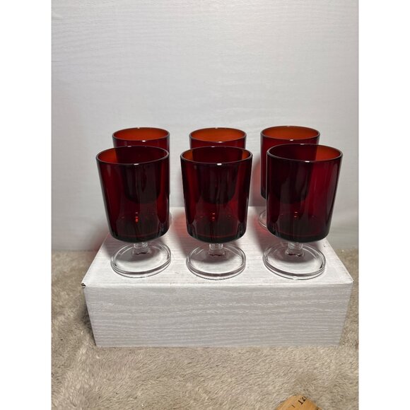 4 Vintage Ruby Red Glass Dessert Sherbet Bowls With Clear Pedestal Base France - Picture 8 of 14